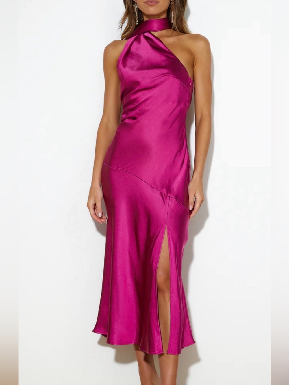 Satin Midi Dress in Fuchsia